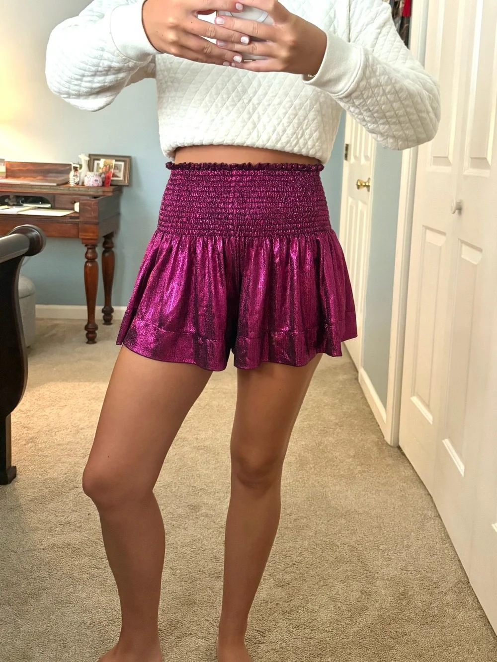 QUEEN OF SPARKLES Shimmery Magenta Elastic Waist Shorts